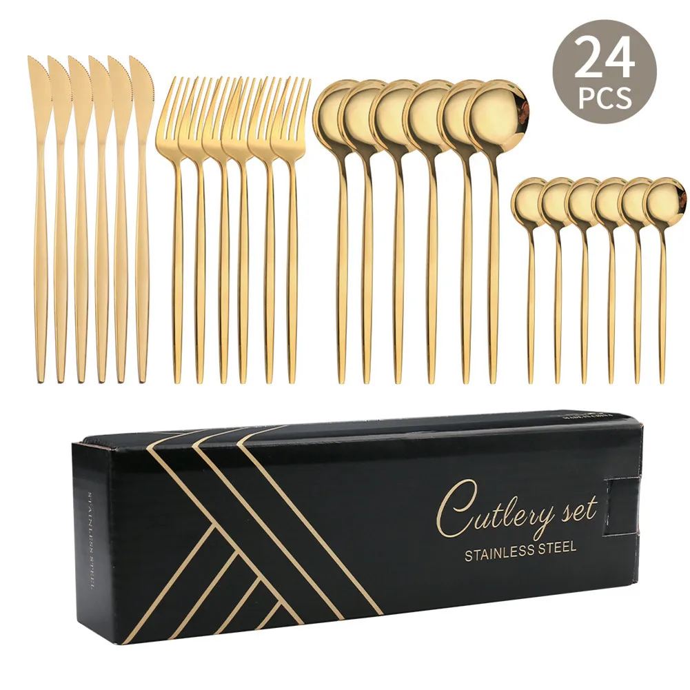 24Pcs Stainless Steel Dinnerware Portuguese Cutlery Set Gold Silver Fork Spoon Luxury Cutlery Gift Box Silverware Set
24Pcs Stainless Steel Dinnerware Portuguese Cutlery Set Gold Silver Fork Spoon Luxury Cutlery Gift Box Silverware Set