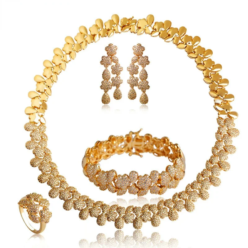 

Женский Свадебный комплект Blucome, золотистый комплект из колье, серёг, кольца и браслета, с цветком, ожерелье, кольцо, колье