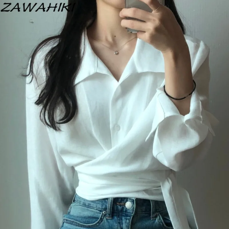 ZAWAHIKI Chic Autumn Camisas Cross Slim Single-breasted French Long Sleeve Short Shirt Turn Down Collar Solid White Blouse Women
ZAWAHIKI Chic Autumn Camisas Cross Slim Single-breasted French Long Sleeve Short Shirt Turn Down Collar Solid White Blouse Women