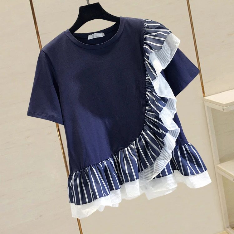 Summer Pull Shirt Woman New Chiffon Stripe Stitching Loose Short Sleeve Blouse with Lotus Leaf Edge Girls Ladies Loose Tops
Summer Pull Shirt Woman New Chiffon Stripe Stitching Loose Short Sleeve Blouse with Lotus Leaf Edge Girls Ladies Loose Tops