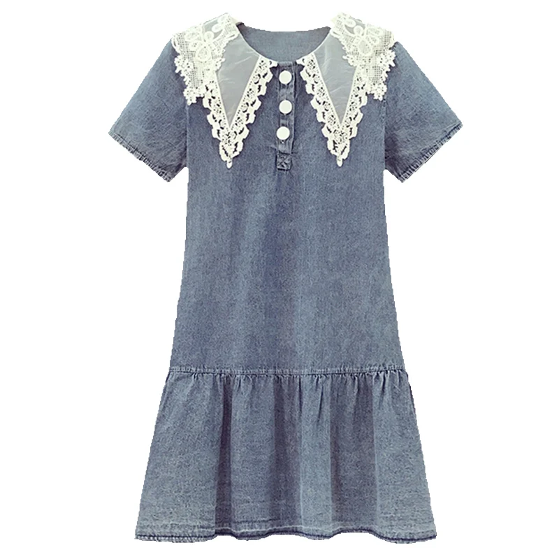 2021 new summer women's Retro Lace Patchwork loose dress girl French fashion Jean skirt plus size doll collar flounce dress
2021 new summer women's Retro Lace Patchwork loose dress girl French fashion Jean skirt plus size doll collar flounce dress
