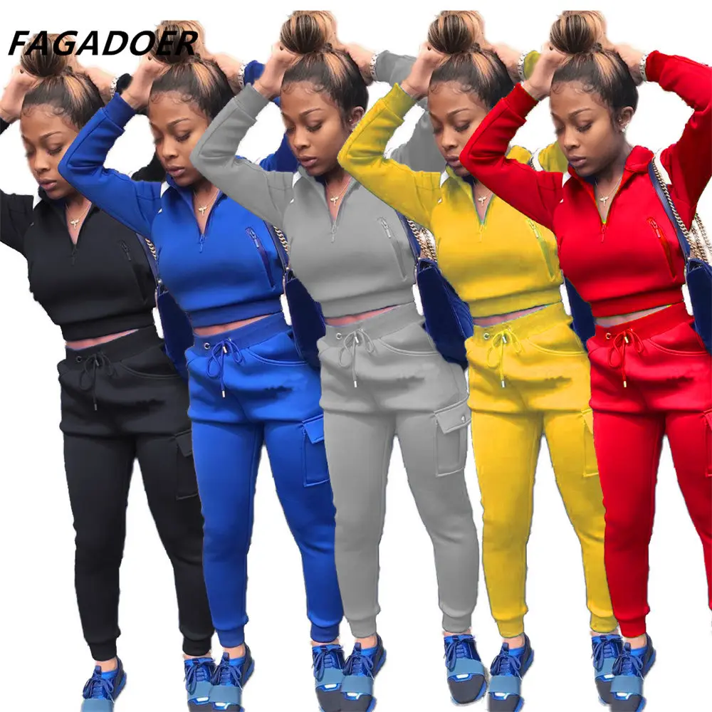 

FAGADOER Tracksuits Women Sets Long Sleeve Zipper Hoodie+And Drawstring Jogger Sweatpant Two Piece Suits Solid Casual Streetwear