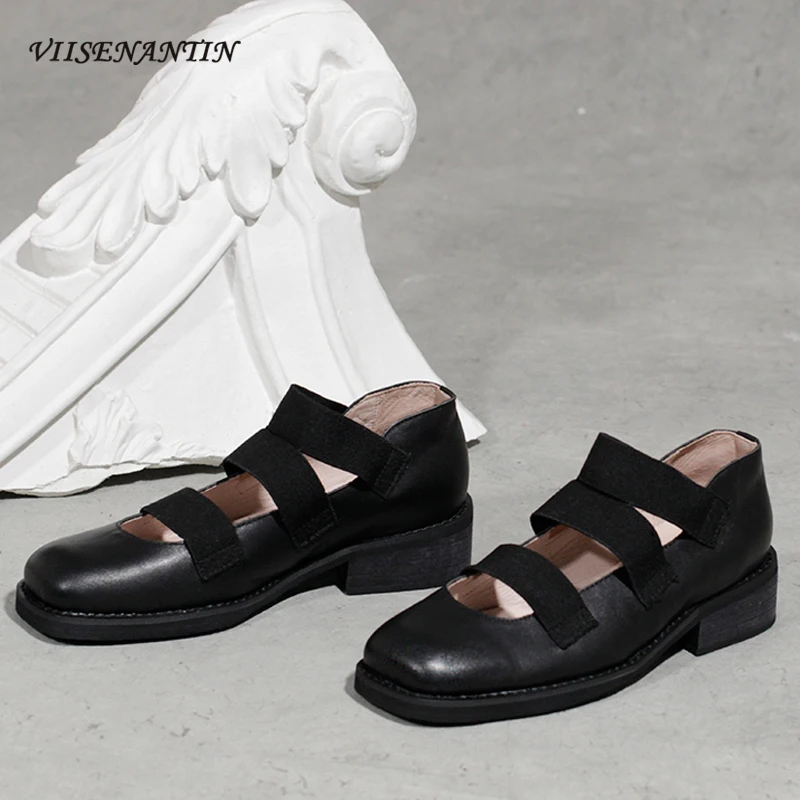 Туфли женские из воловьей кожи, с квадратным носком, на резинке, в британском стиле 
Туфли женские из воловьей кожи, с квадратным носком, на резинке, в британском стиле