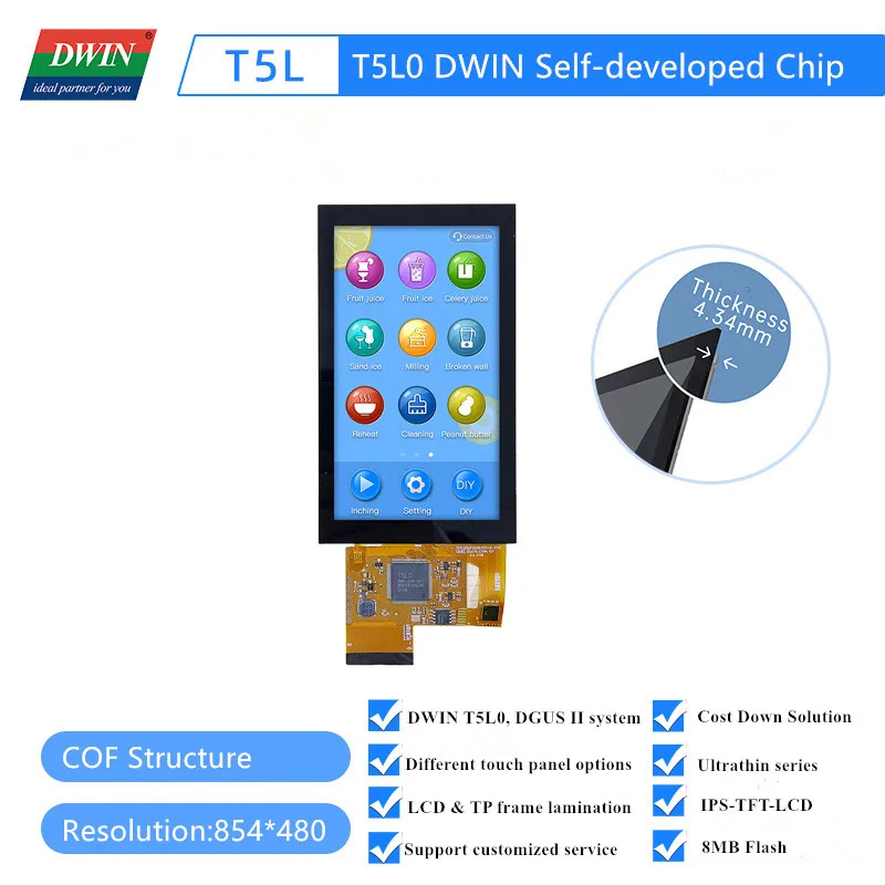 DWIN TFT ЖК-модуль 5 дюймов 854*480 разрешение COF UART последовательный IPS Smart LCM дисплей
DWIN TFT ЖК-модуль 5 дюймов 854*480 разрешение COF UART последовательный IPS Smart LCM дисплей