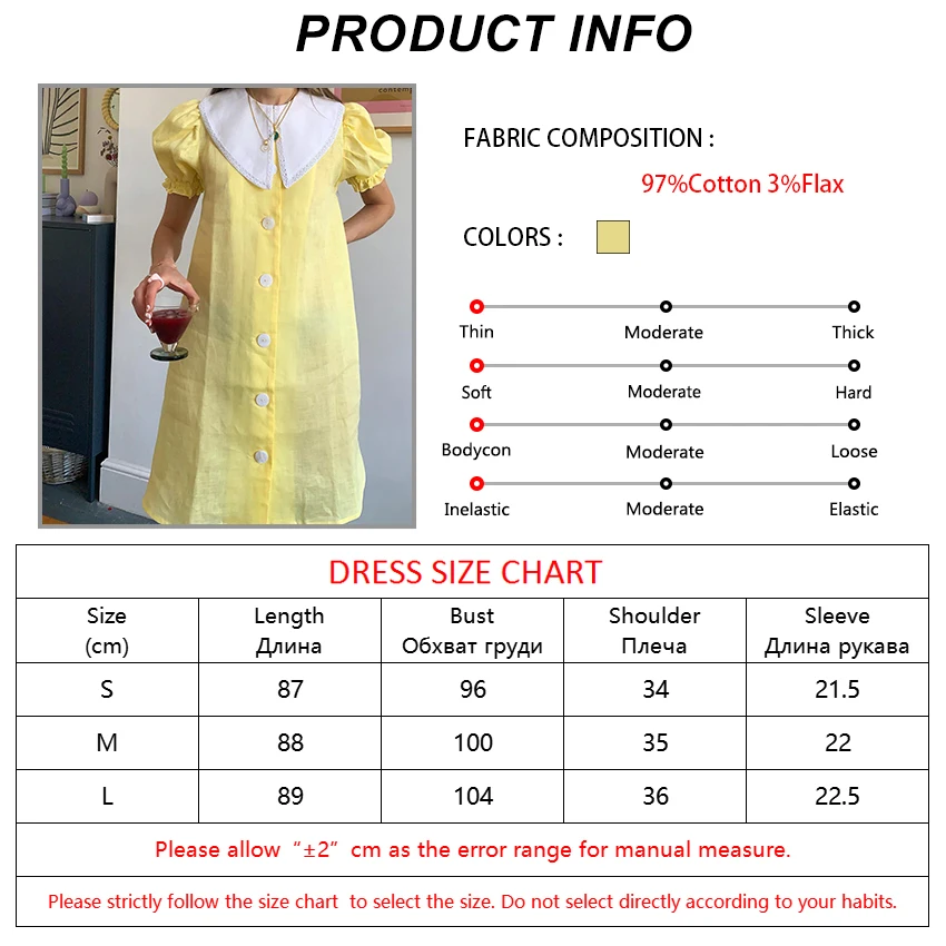Bclout Yellow Peter Pan Collar Puff Sleeve Linen Dress Women Summer Loose Single Breasted Mini Dresses A Line Thin Vintage Robe
Bclout Yellow Peter Pan Collar Puff Sleeve Linen Dress Women Summer Loose Single Breasted Mini Dresses A Line Thin Vintage Robe