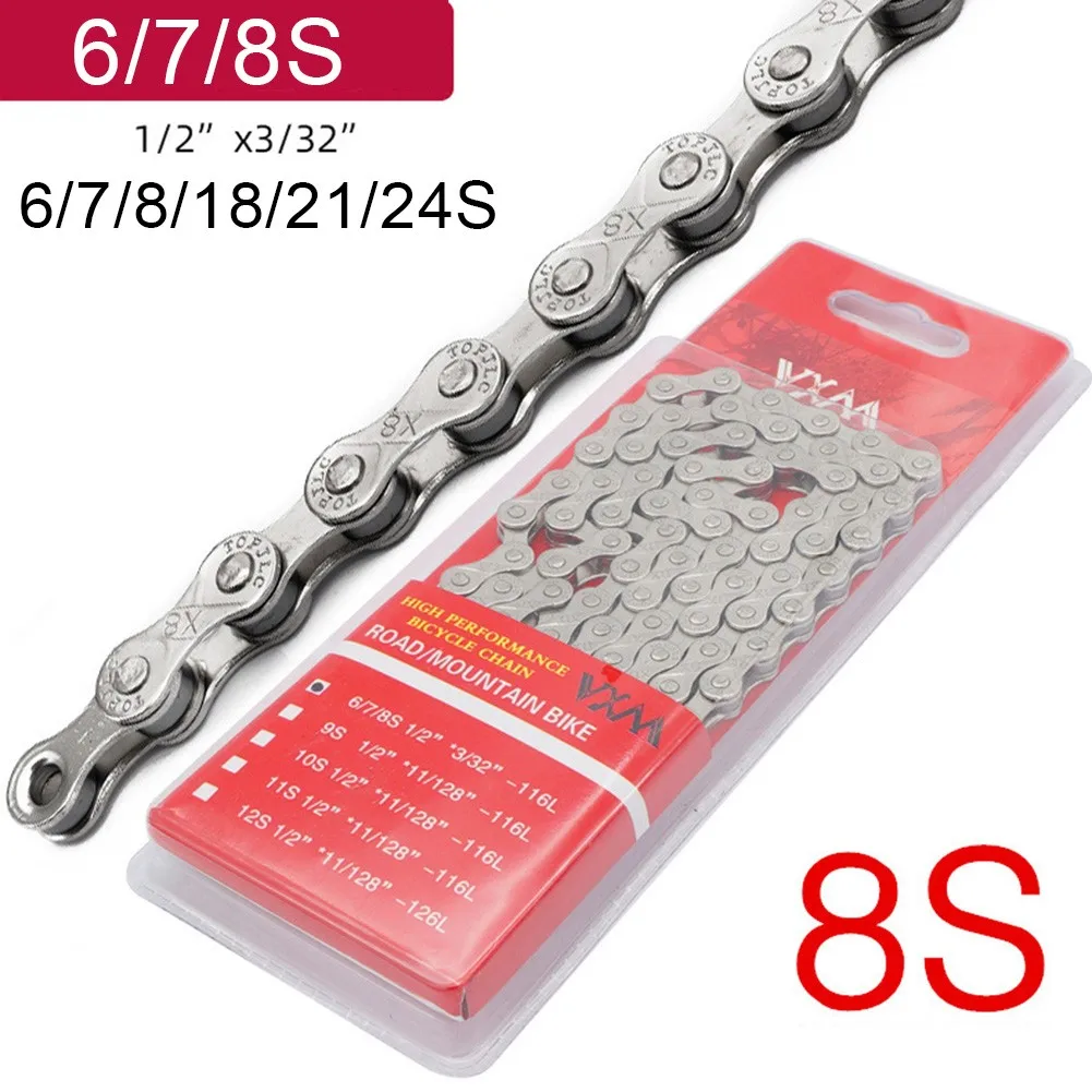 Bicycle Chain 6 7 8-Speed Electroplated 116 Knots Bright Silver Road Bike 18 21 24 Variable Speed Chain With Blister Box
Bicycle Chain 6 7 8-Speed Electroplated 116 Knots Bright Silver Road Bike 18 21 24 Variable Speed Chain With Blister Box