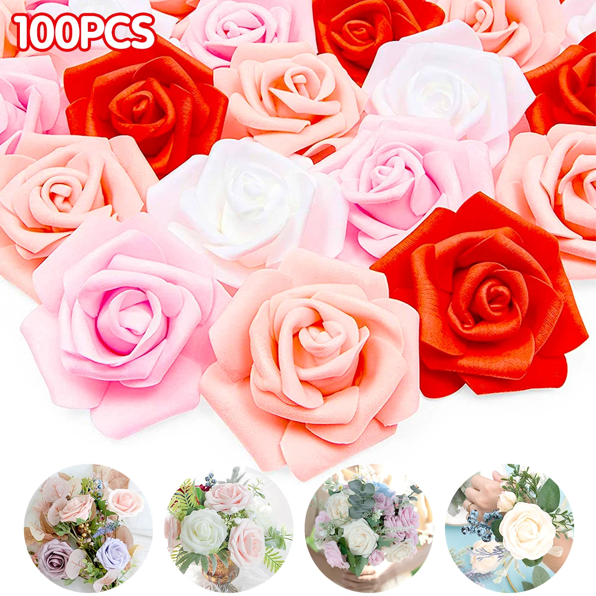 

100Pcs Artificial Flowers Roses Heads PE Foam Real Touch Fake Flower Garland DIY Decor Bride Wedding Bouquets Home Decorations