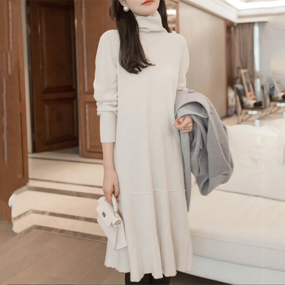Autumn Women Dresses Turtleneck Simplicity Vintage Temperament Knitted Dress Winter Bottoming Tops Elegant Mid-length Vestidos
Autumn Women Dresses Turtleneck Simplicity Vintage Temperament Knitted Dress Winter Bottoming Tops Elegant Mid-length Vestidos