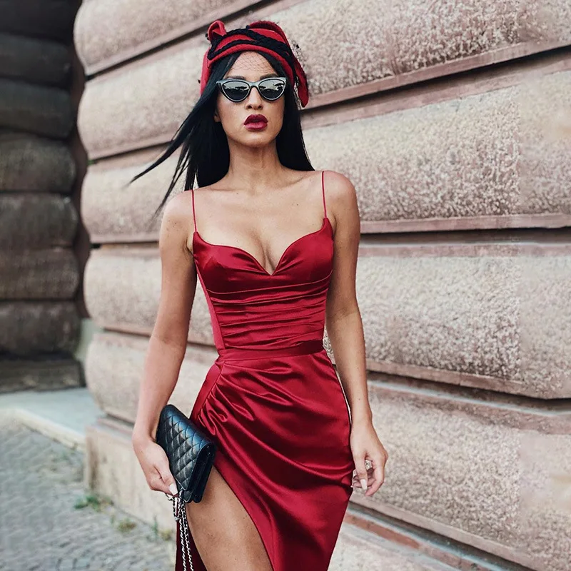 Satin Women Solid Strap Midi Dress Ruched High Slit Bodycon Sexy Streetwear Party Elegant 2021 Summer Festival Night Club Dress
Satin Women Solid Strap Midi Dress Ruched High Slit Bodycon Sexy Streetwear Party Elegant 2021 Summer Festival Night Club Dress