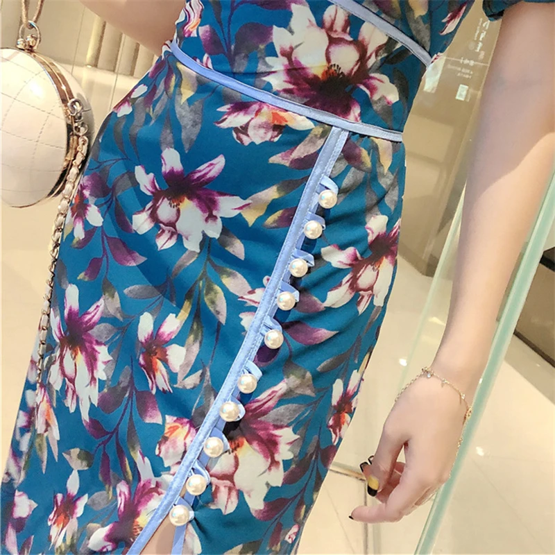 Dress Female 2020 Summer Temperament Retro Was Thin Split Split Printing Chiffon Daily Improvement Cheongsam Dress H00600 
Dress Female 2020 Summer Temperament Retro Was Thin Split Split Printing Chiffon Daily Improvement Cheongsam Dress H00600