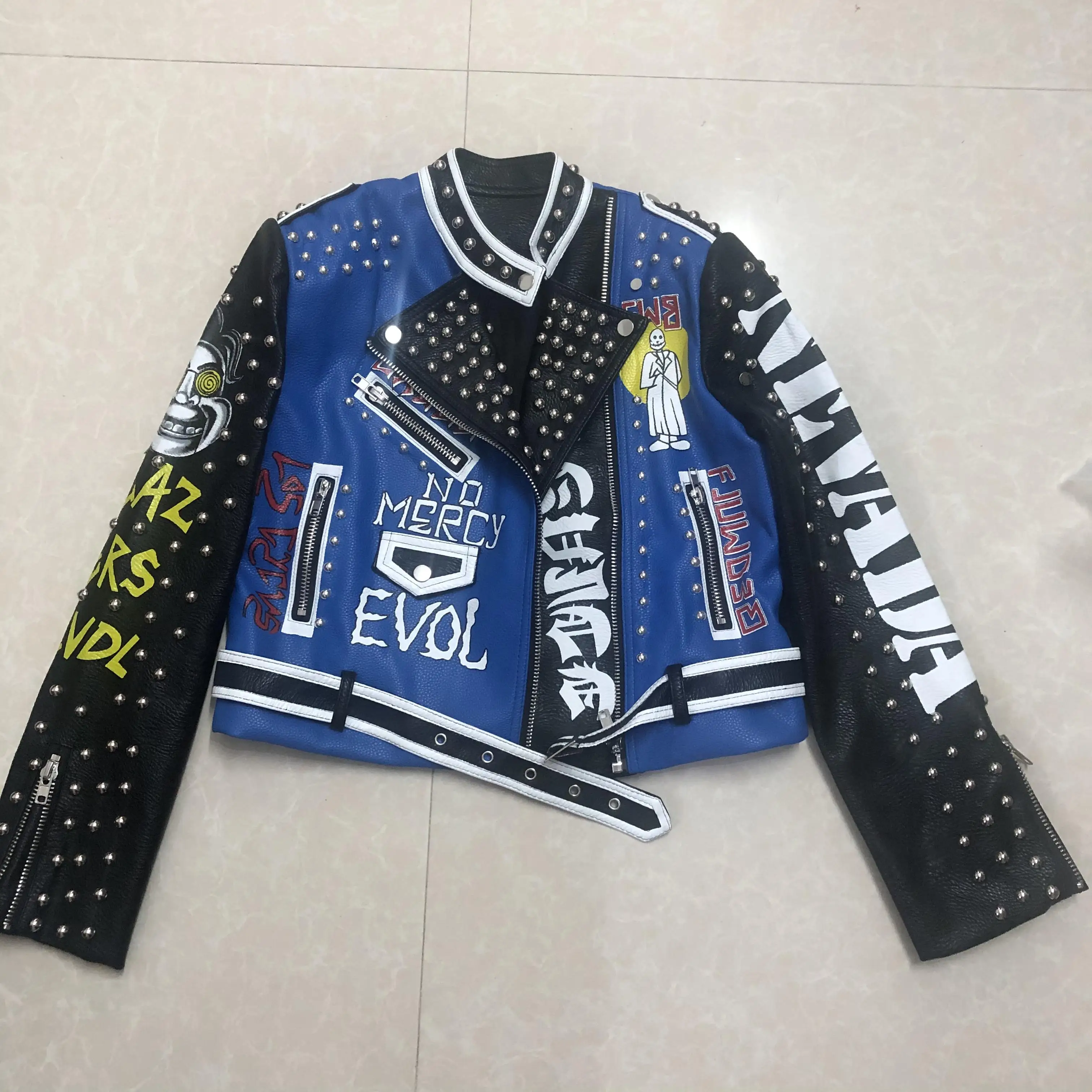3D Graffiti soft pu leather jackets female cartoon character print Jacket rivet beading Punk Rock Cropped leather Outerwear 
3D Graffiti soft pu leather jackets female cartoon character print Jacket rivet beading Punk Rock Cropped leather Outerwear