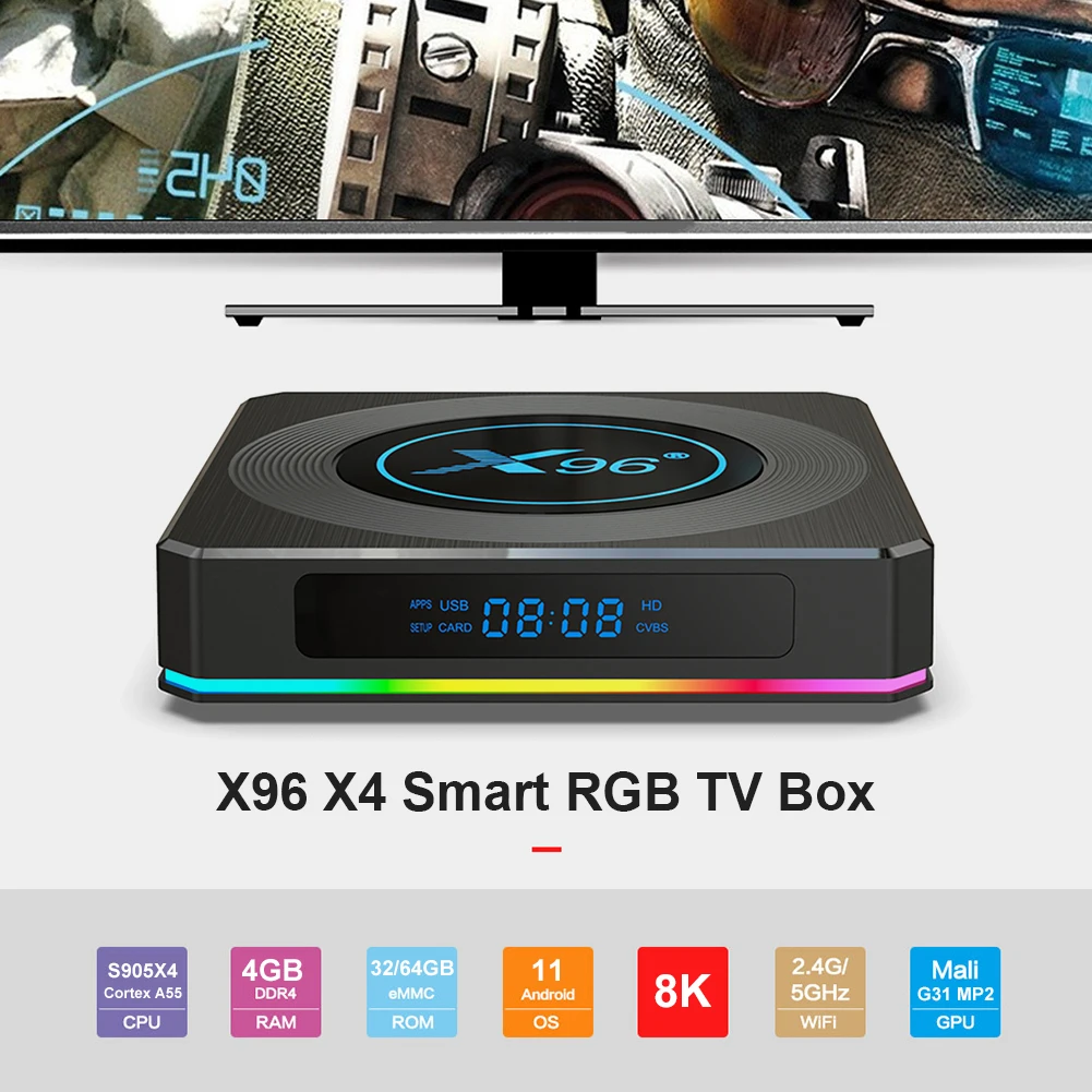 ТВ-приставка X96 X4 S905X4 Smart RGB с подсветкой, Android 11, Двухдиапазонная, 2,4 ГГц/5 ГГц, Wi-Fi, Bluetooth, совместимая с медиаплеером 8K, ТВ-приставка
ТВ-приставка X96 X4 S905X4 Smart RGB с подсветкой, Android 11, Двухдиапазонная, 2,4 ГГц/5 ГГц, Wi-Fi, Bluetooth, совместимая с медиаплеером 8K, ТВ-приставка