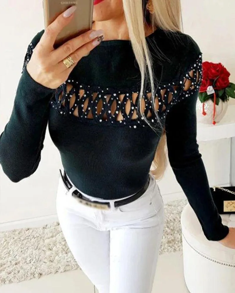 2021 new fashion chest hollowed out hot drill long sleeve T-shirt design sexy slim fit Pullover round neck knitted sweater
2021 new fashion chest hollowed out hot drill long sleeve T-shirt design sexy slim fit Pullover round neck knitted sweater
