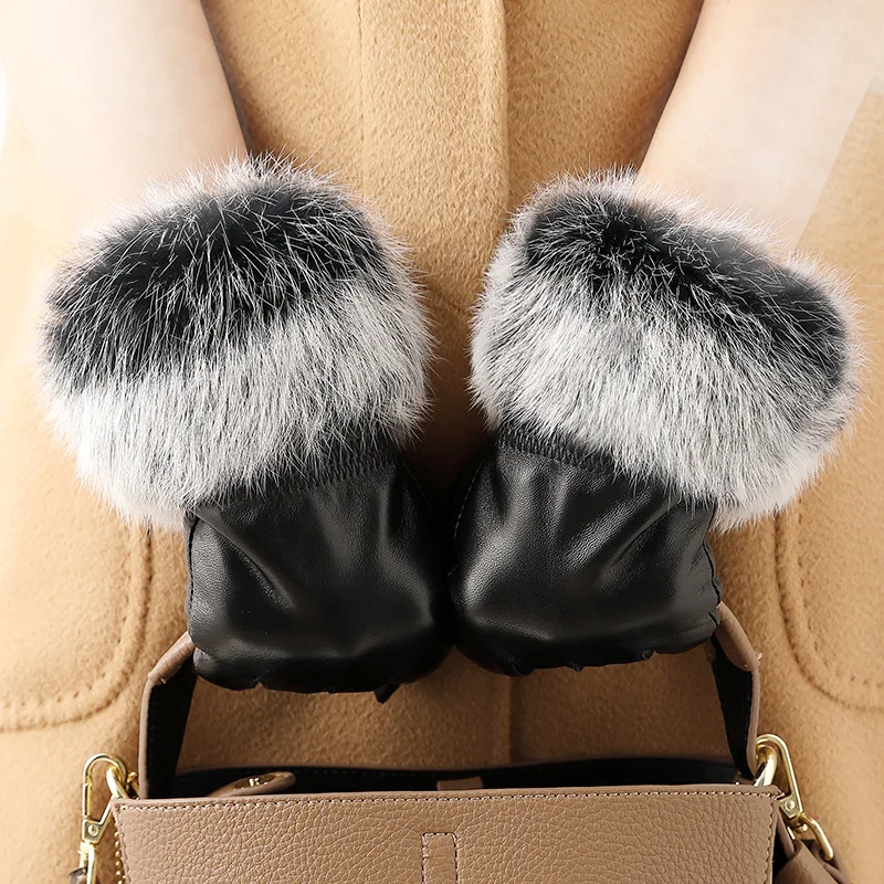 Women's Genuine Leather Gloves Fashion Sheepskin Fluffy Rabbit Fur Touch Screen Finger Gloves S2506
Women's Genuine Leather Gloves Fashion Sheepskin Fluffy Rabbit Fur Touch Screen Finger Gloves S2506