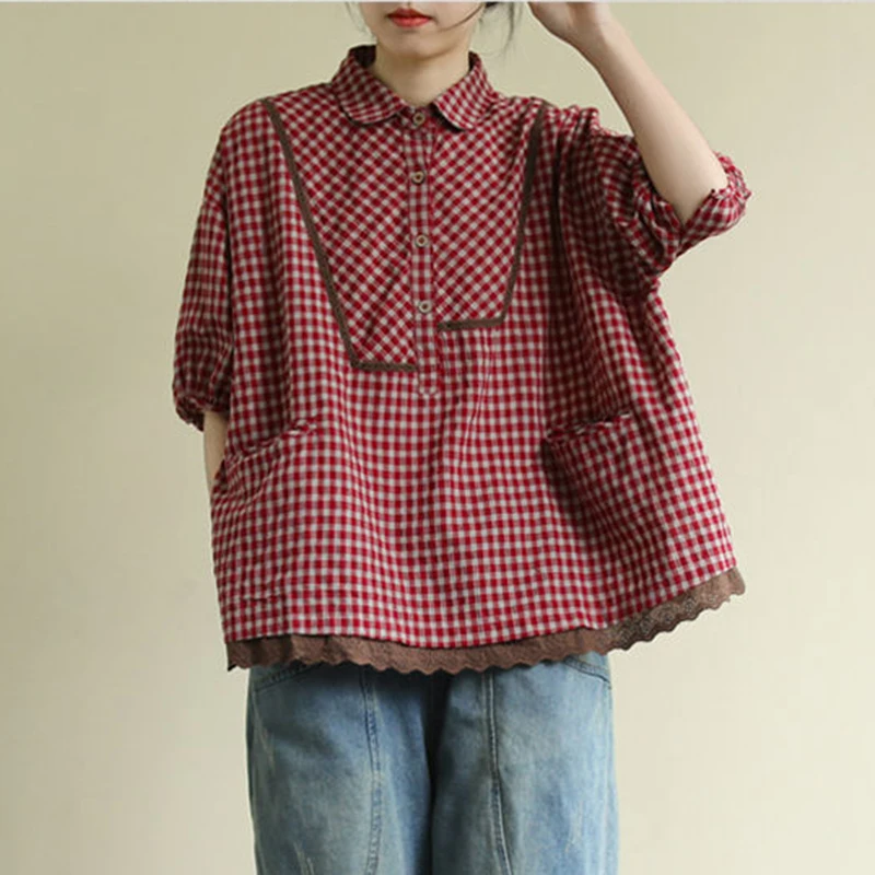 Plus Size Cotton Shirt Women Summer Loose Casual Tops New 2021 Vintage Turn-down Collar Plaid Oversized Female Blouse Shirt
Plus Size Cotton Shirt Women Summer Loose Casual Tops New 2021 Vintage Turn-down Collar Plaid Oversized Female Blouse Shirt