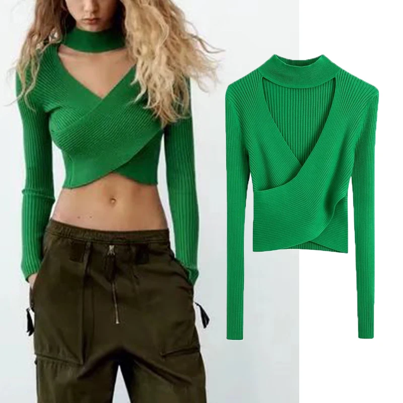 Женский трикотажный свитер с V-образным вырезом, длинным рукавом 
Женский трикотажный свитер с V-образным вырезом, длинным рукавом