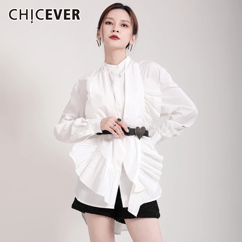 CHICEVER Ruffle Trim White Button Up Shirt For Women Stand Collar Long Sleeve Solid Blouses Female Korean Fashion Clothing 2021
CHICEVER Ruffle Trim White Button Up Shirt For Women Stand Collar Long Sleeve Solid Blouses Female Korean Fashion Clothing 2021