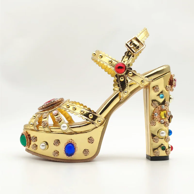 Large heel shoes mirror face leather water drill platform thick heel Baroque fish mouth women's sandals
