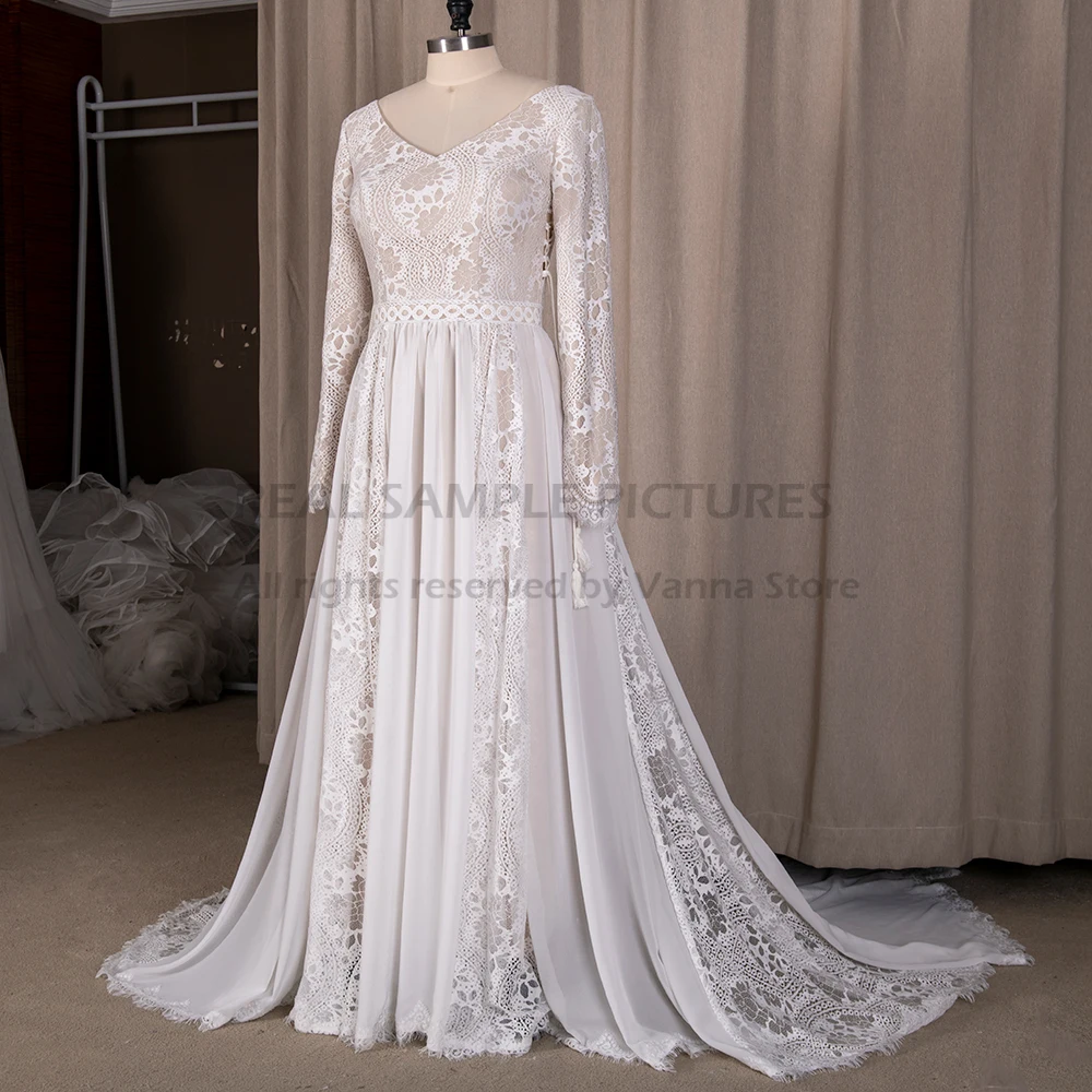 Платье Свадебное в стиле бохо с длинным рукавом кружевное шифоновое