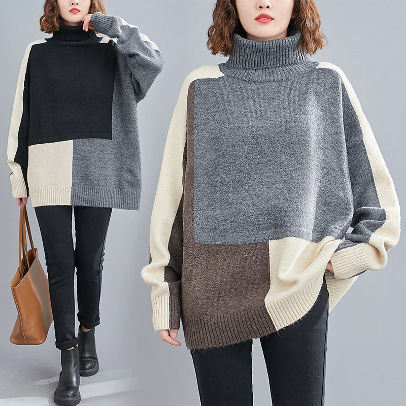 Women Winter Fall Large Size 100kg Loose Casual Contrast Color Patchwork Turtleneck Knitting Sweater Office Lady Elegant Jumpers
Women Winter Fall Large Size 100kg Loose Casual Contrast Color Patchwork Turtleneck Knitting Sweater Office Lady Elegant Jumpers