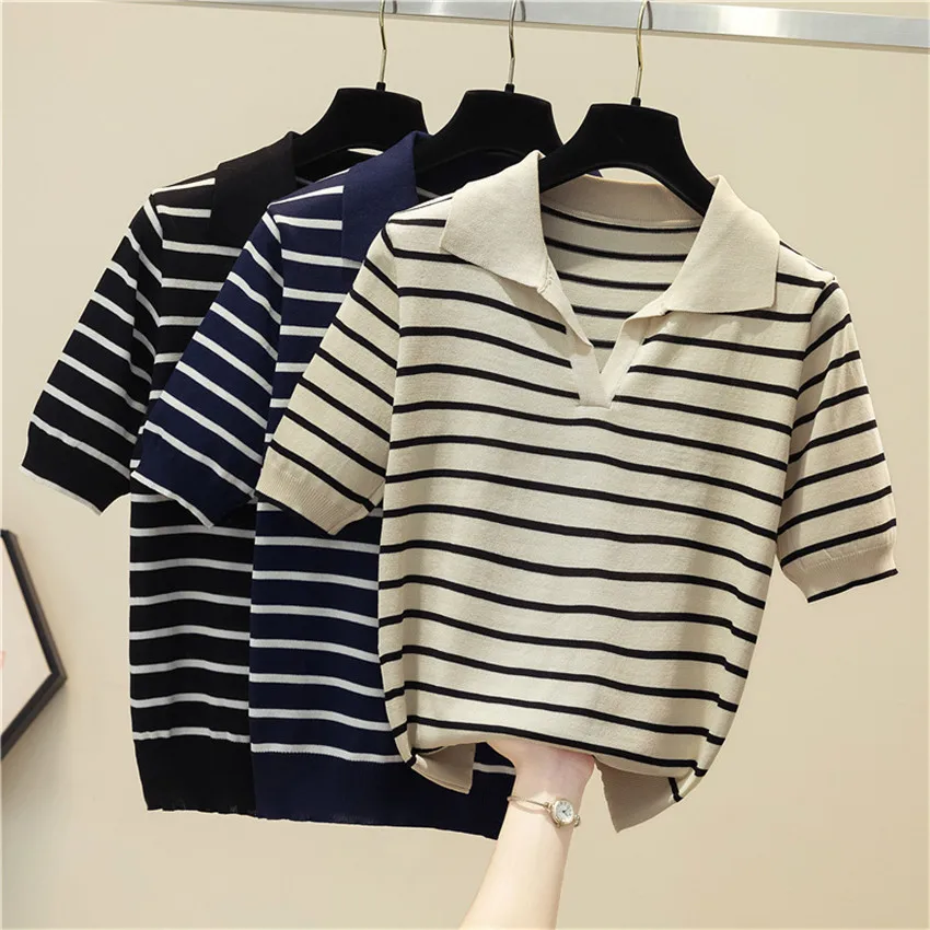 Korean Fashion Elegant Top Summer Striped Knitted T Shirt Femme Women Tops Casual T-Shirt Poleras Mujer De Moda 2022
Korean Fashion Elegant Top Summer Striped Knitted T Shirt Femme Women Tops Casual T-Shirt Poleras Mujer De Moda 2022