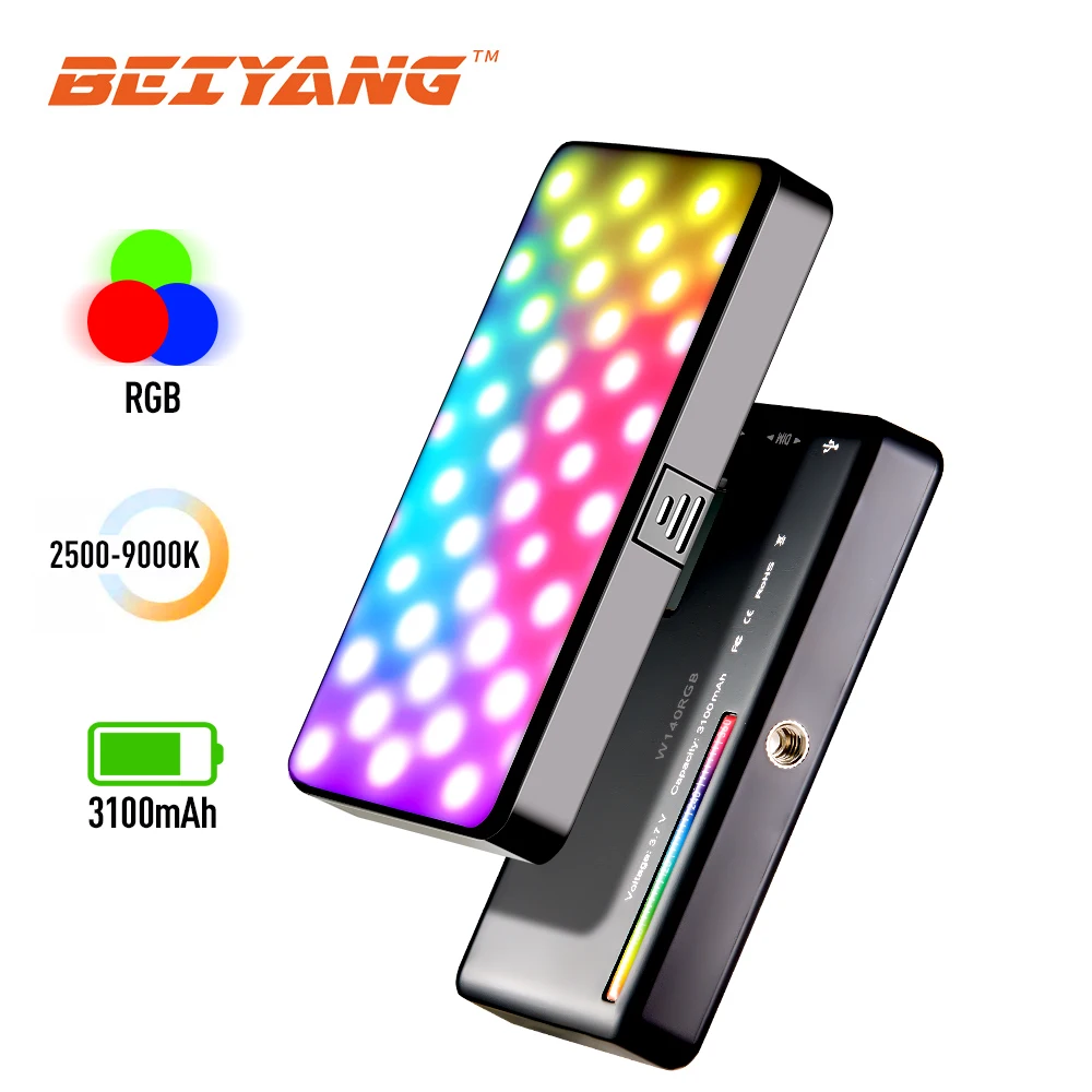 BEIYANG W140 RGB Led Video Light 3100mAh Battery Rechargeable Led Camera Lamp 2500K-9000K Bi-Color Panel For Photo Studio
BEIYANG W140 RGB Led Video Light 3100mAh Battery Rechargeable Led Camera Lamp 2500K-9000K Bi-Color Panel For Photo Studio