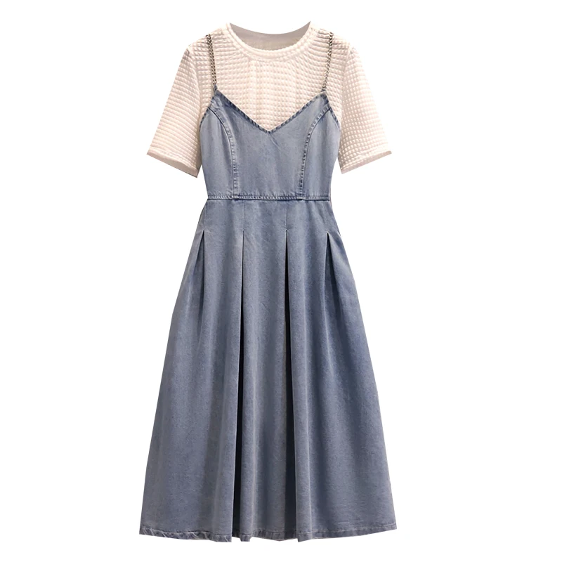 2021 Summer Retro Two-Piece Sets For Women O-Neck Short Sleeve White Tops + Denim Blue Sashes Chain Spaghetti Strap Midi Dress
2021 Summer Retro Two-Piece Sets For Women O-Neck Short Sleeve White Tops + Denim Blue Sashes Chain Spaghetti Strap Midi Dress