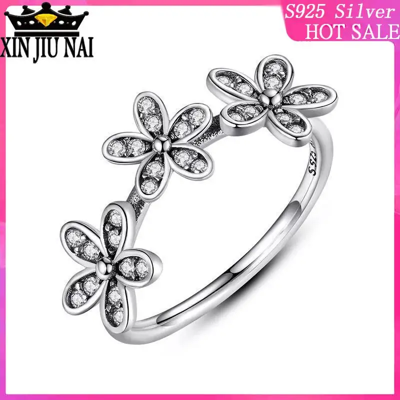 

925 Sterling Silver Jewelry Finger Thai silver Rings with AAA Crystal Flowers Three Silver Ring for Party Jewelry Christmas Gift