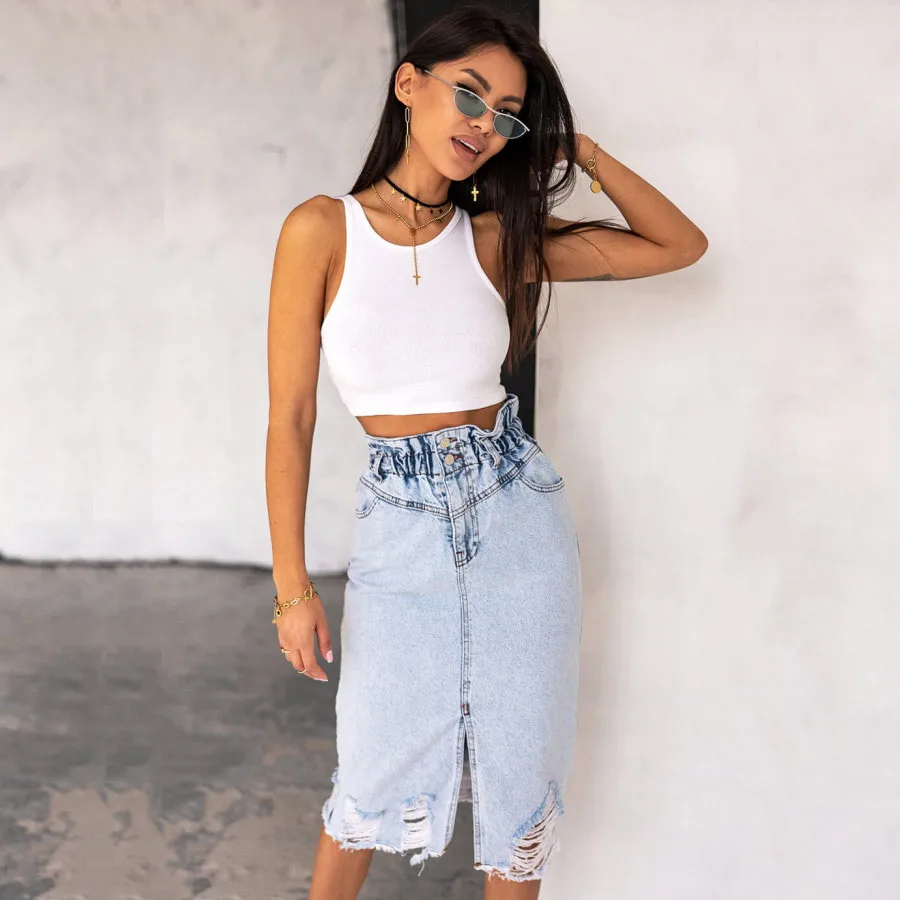 2021 Summer Women's New Ripped Jeans Skirt Fashion Button Stretch Waist Front Slit Tight-fitting High-waist Knee-length Skirt
2021 Summer Women's New Ripped Jeans Skirt Fashion Button Stretch Waist Front Slit Tight-fitting High-waist Knee-length Skirt