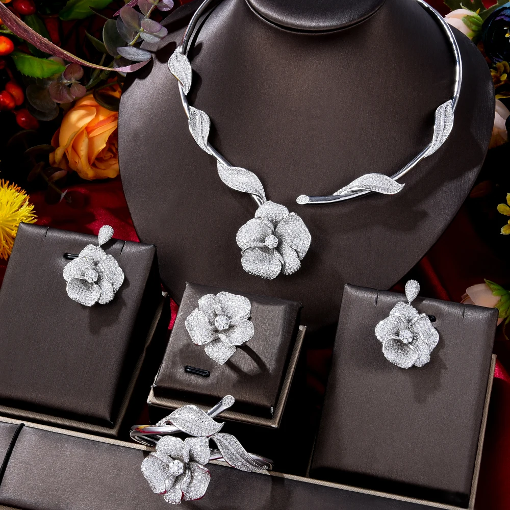 

Роскошные комплекты ювелирных украшений KellyBola в форме цветка, кубический цирконий, ожерелье, висячие серьги, браслет, кольцо, 4 шт., свадебная...