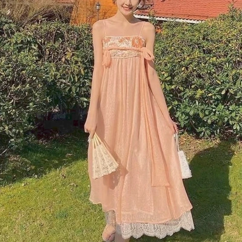 2021 Summer Retro Sweet Chic Holiday Lace Pink Dress Vintage Print Strap Dress Women Elegant Chiffon Lace-up Midi Dress
2021 Summer Retro Sweet Chic Holiday Lace Pink Dress Vintage Print Strap Dress Women Elegant Chiffon Lace-up Midi Dress