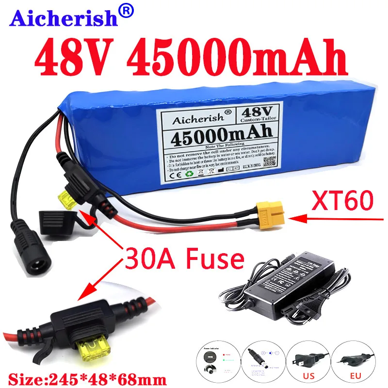 

E-Bike 48V 45Ah 18650 li-Ion 13s2p Lithium Batterij Pack Motorcycle 350W 1000W Electric Scooter Battery Built-In 20A BMS