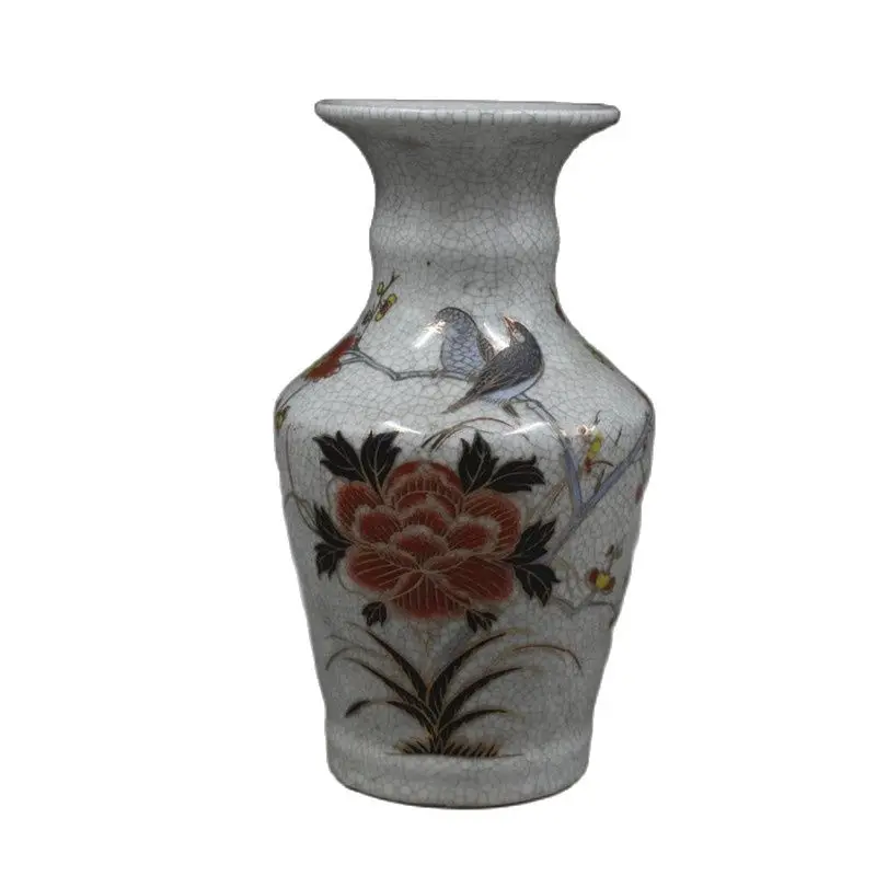 

Chinese old porcelain Cracked glaze Painting Golden Peony Flowers and Birds vase