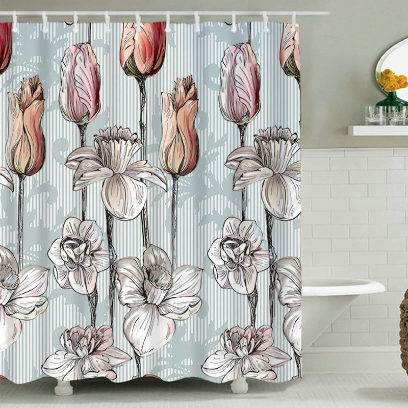 Занавеска для душа с пыльными розовыми цветами, 12 крючков, украшение для ванной 
Занавеска для душа с пыльными розовыми цветами, 12 крючков, украшение для ванной