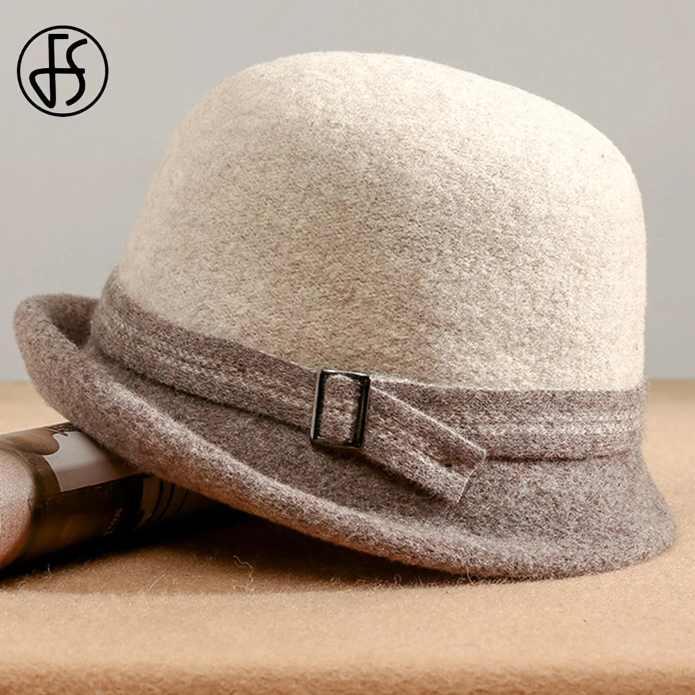 

FS Women Winter Warm Woolen Hats Wool Felt Fedora Hat Foldable Fisherman Bucket Cap Ladies Cloche Bowler Elegant Church Caps