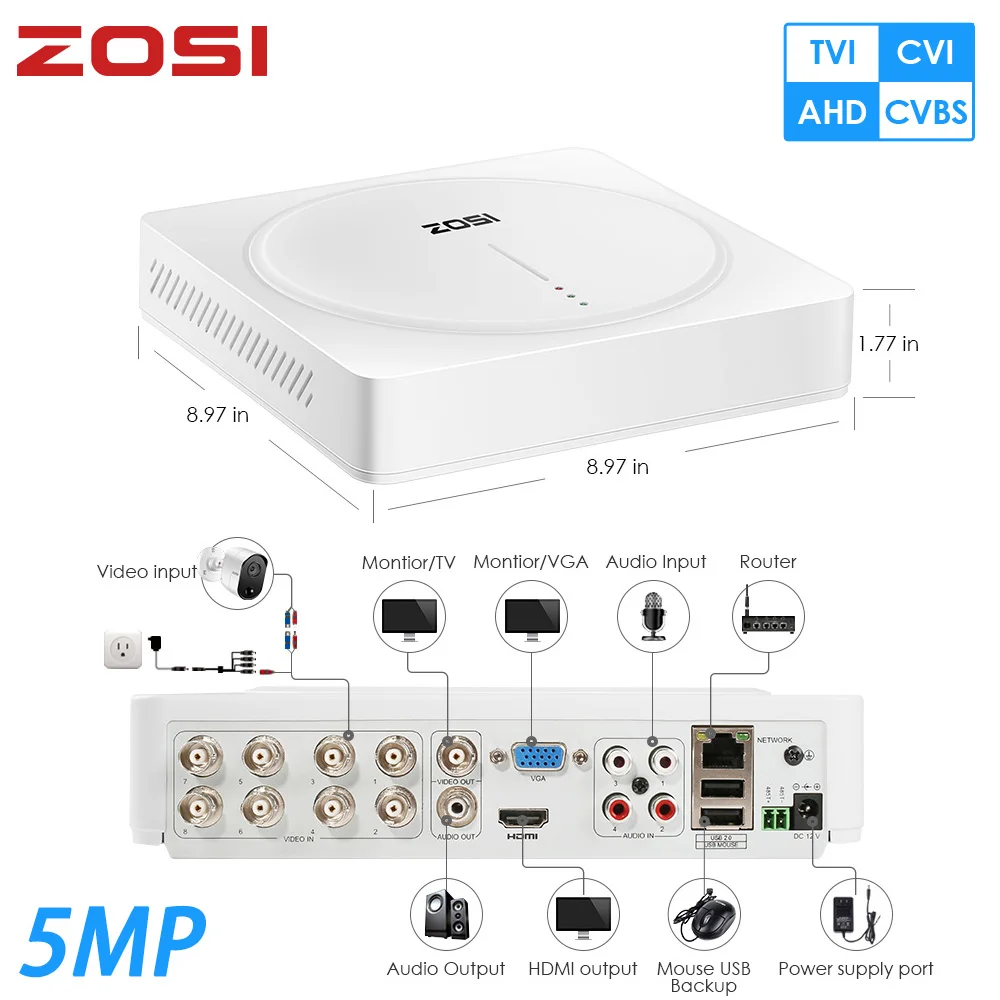 Камера видеонаблюдения ZOSI 5MP 8 каналов 2560x1920 DVR без жесткого диска | Безопасность и