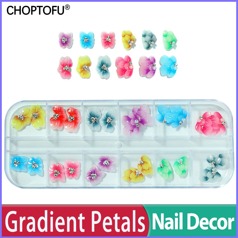 

24/48/144PC/Box Gradient Petals False Nails 3D Butterfly Embossed Flower Nail Rhinestone Diamond Embellished Nail Art Decoration