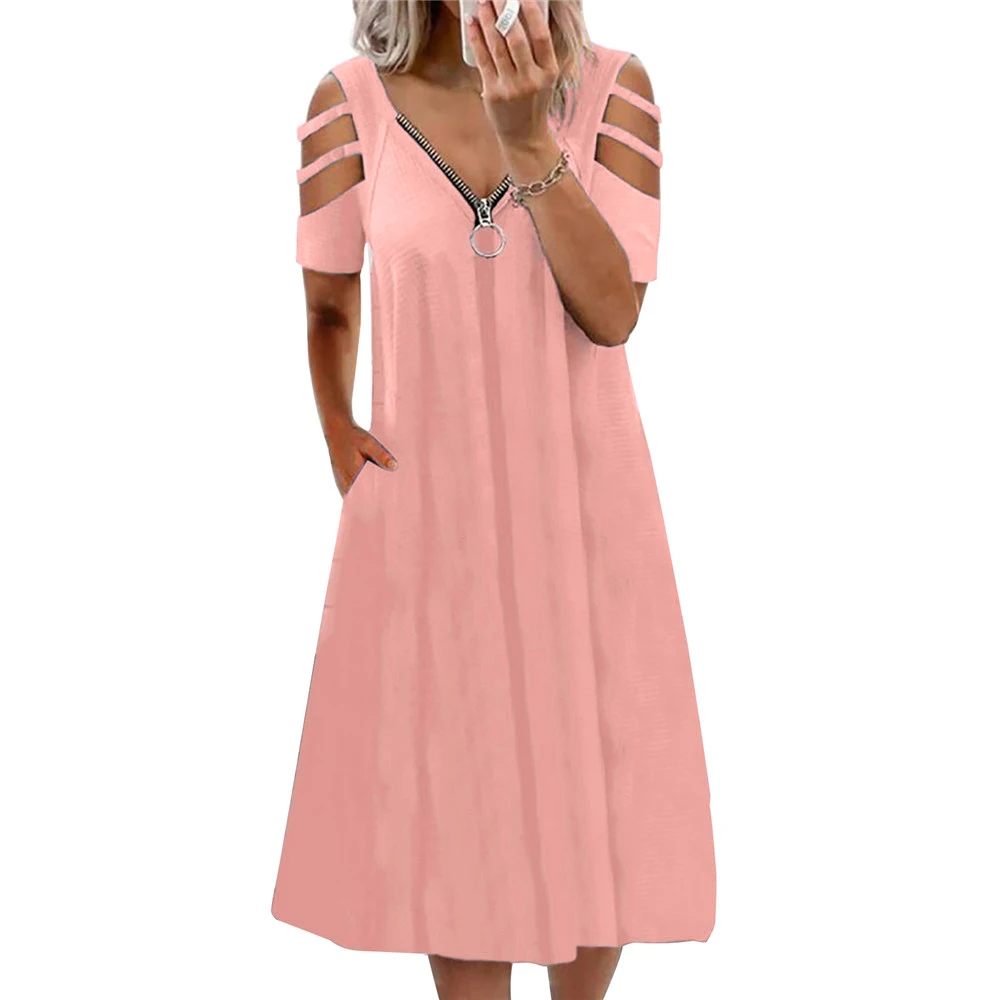 Women's Solid Color Short Sleeve Midi Dress Female Sexy Zipper V-neck Hollow Out Casual Dresses Summer Pockets Ol Work Dress
Women's Solid Color Short Sleeve Midi Dress Female Sexy Zipper V-neck Hollow Out Casual Dresses Summer Pockets Ol Work Dress