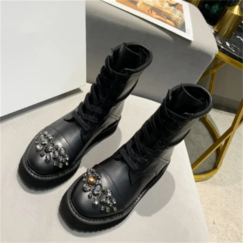 

Motorcycle Boots Ankle Female Shoes Thick Sole Botas De Mujer Round Toe Leather Boots High Quality Crystal Fashion Bottine Femme