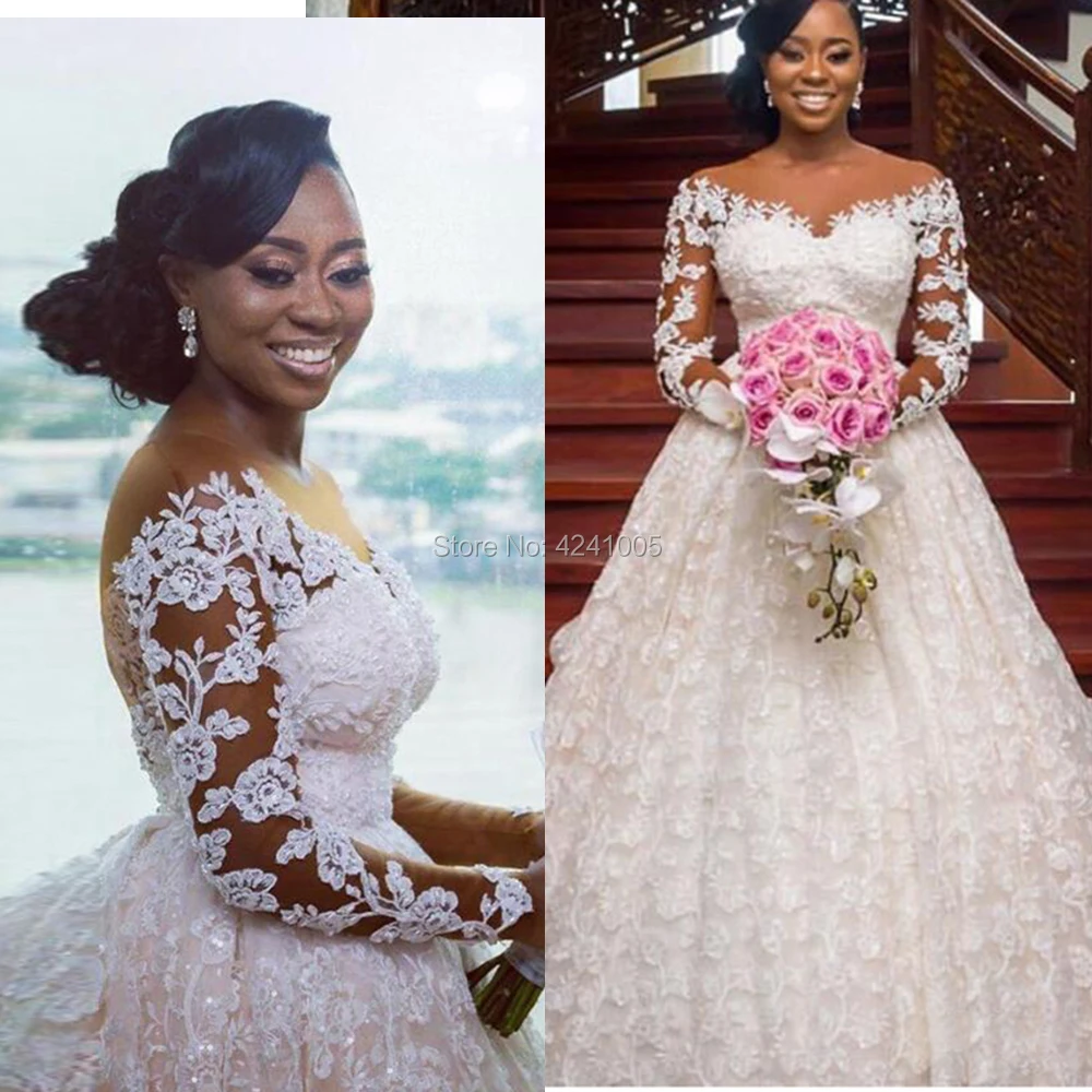 

2020 африканские белые свадебные платья, кружевные свадебные платья с аппликацией из бисера, элегантное бальное платье принцессы с длинным р...