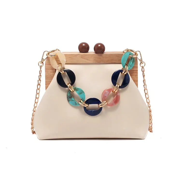 2021 winter new women's bags, wooden clips, small bags, leisure bags, chain bags, shoulder messenger bags