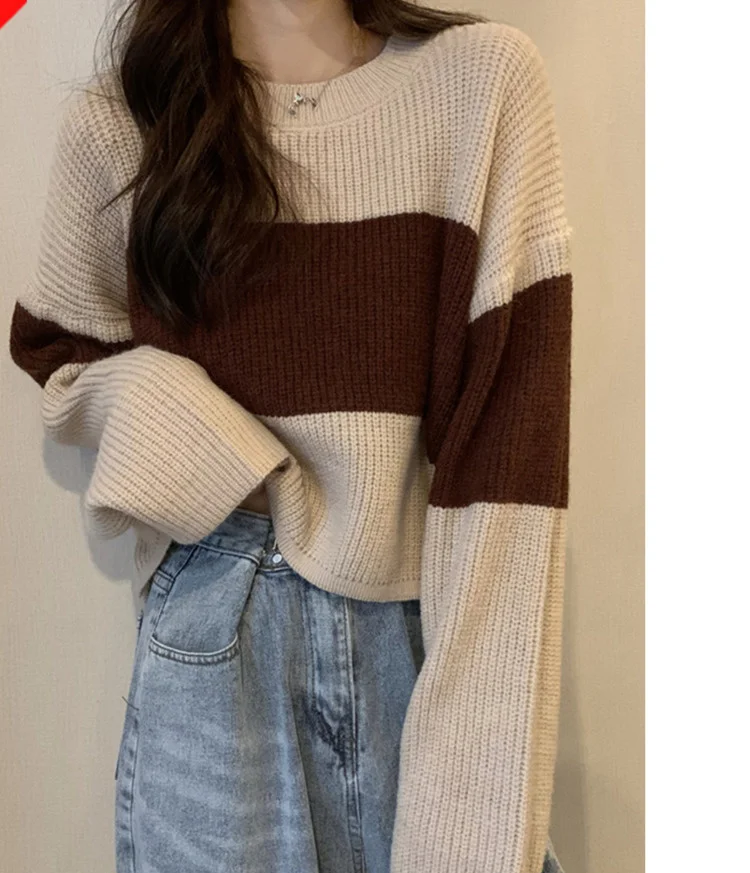 Женский пуловер, свитер, женский свободный пуловер в полоску в стиле Sen, с длинным рукавом, короткий топ, рубашки для женщин на осень и зиму 
Женский пуловер, свитер, женский свободный пуловер в полоску в стиле Sen, с длинным рукавом, короткий топ, рубашки для женщин на осень и зиму