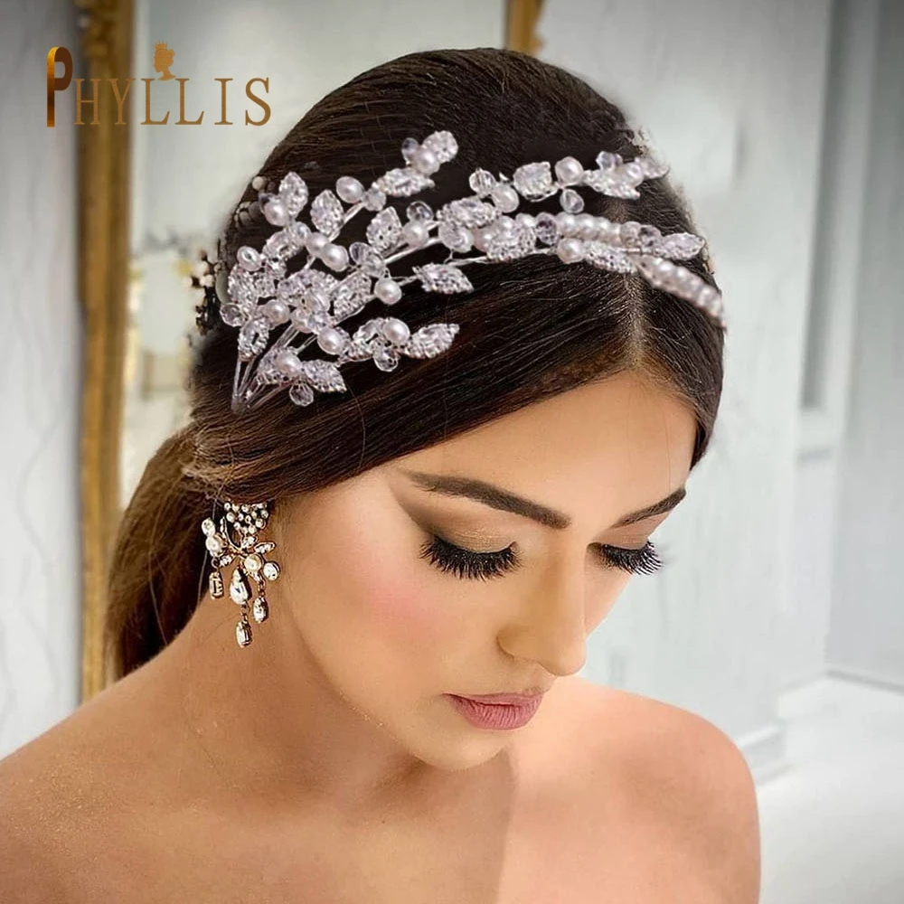 

A115 Leaves Wedding Headband Crystal Bridal Headdress Pearl Head Hoop Design Headpiece For Women Tiara Bride Hair Accessories