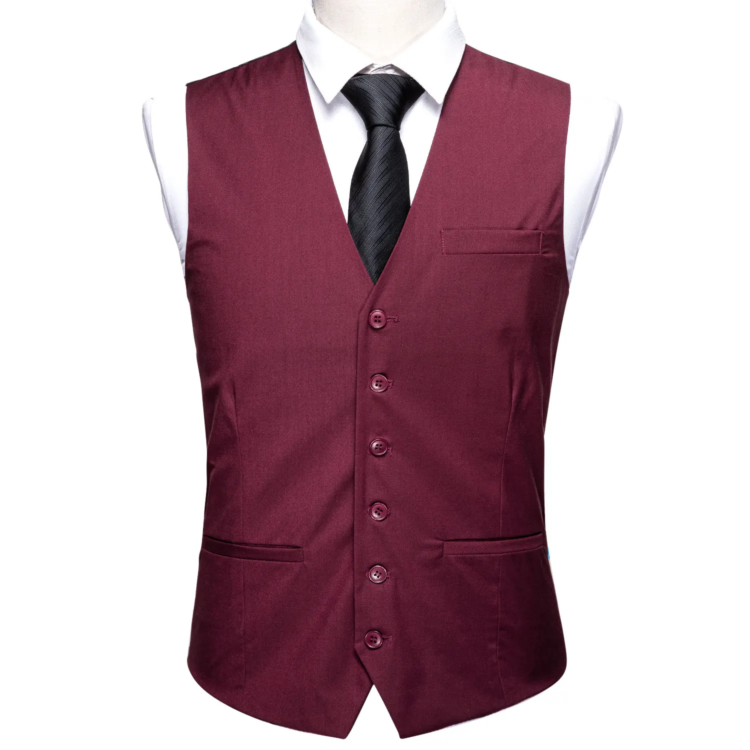 

Barry.Wang Mens Red Wine Solid Waistcoat Blend Tailored Collar V-neck 3 Pocket Check Suit Vest Tie Set Formal Leisure MD-2309