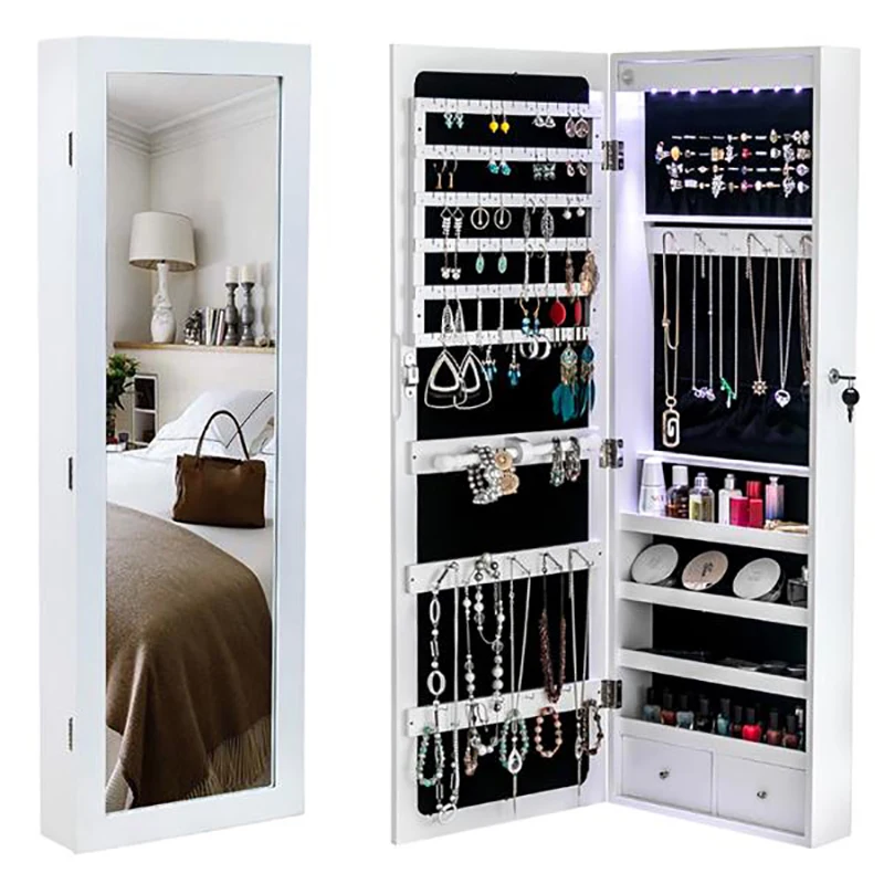 White Non Full Mirror Wooden Wall Mounted 4-Layer Shelf 2 Drawers 8 Blue LED Lights Jewelry Storage Mirror Cabinet
White Non Full Mirror Wooden Wall Mounted 4-Layer Shelf 2 Drawers 8 Blue LED Lights Jewelry Storage Mirror Cabinet