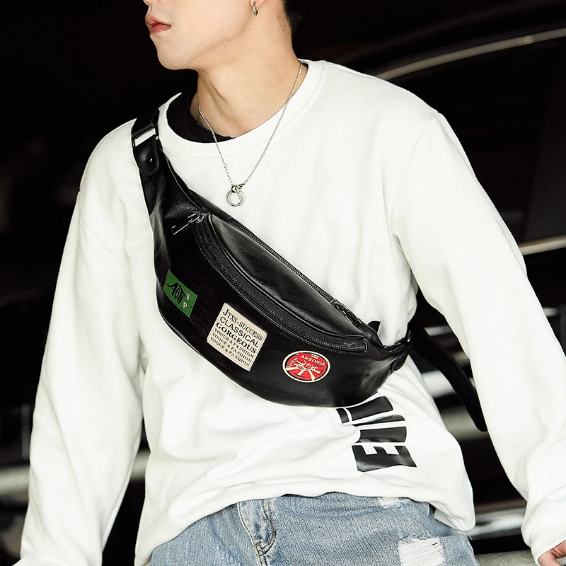 

Personality Men'sChest Bags Leather PU Badge Pattern Belt Waist Bag Rock Male Shoulder Crossbody Bum Banana Bag Phone Pouch