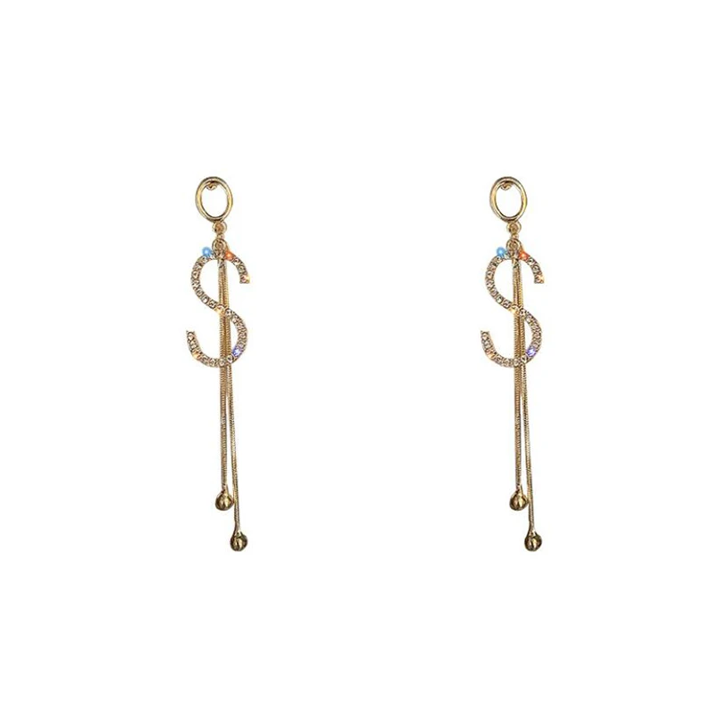 Fashion Letter Shiny Crystal Long Tassel Earrings Luxury Crystal Big Drop Dangle Earrings Earrings Drop For Women Party Jewelry