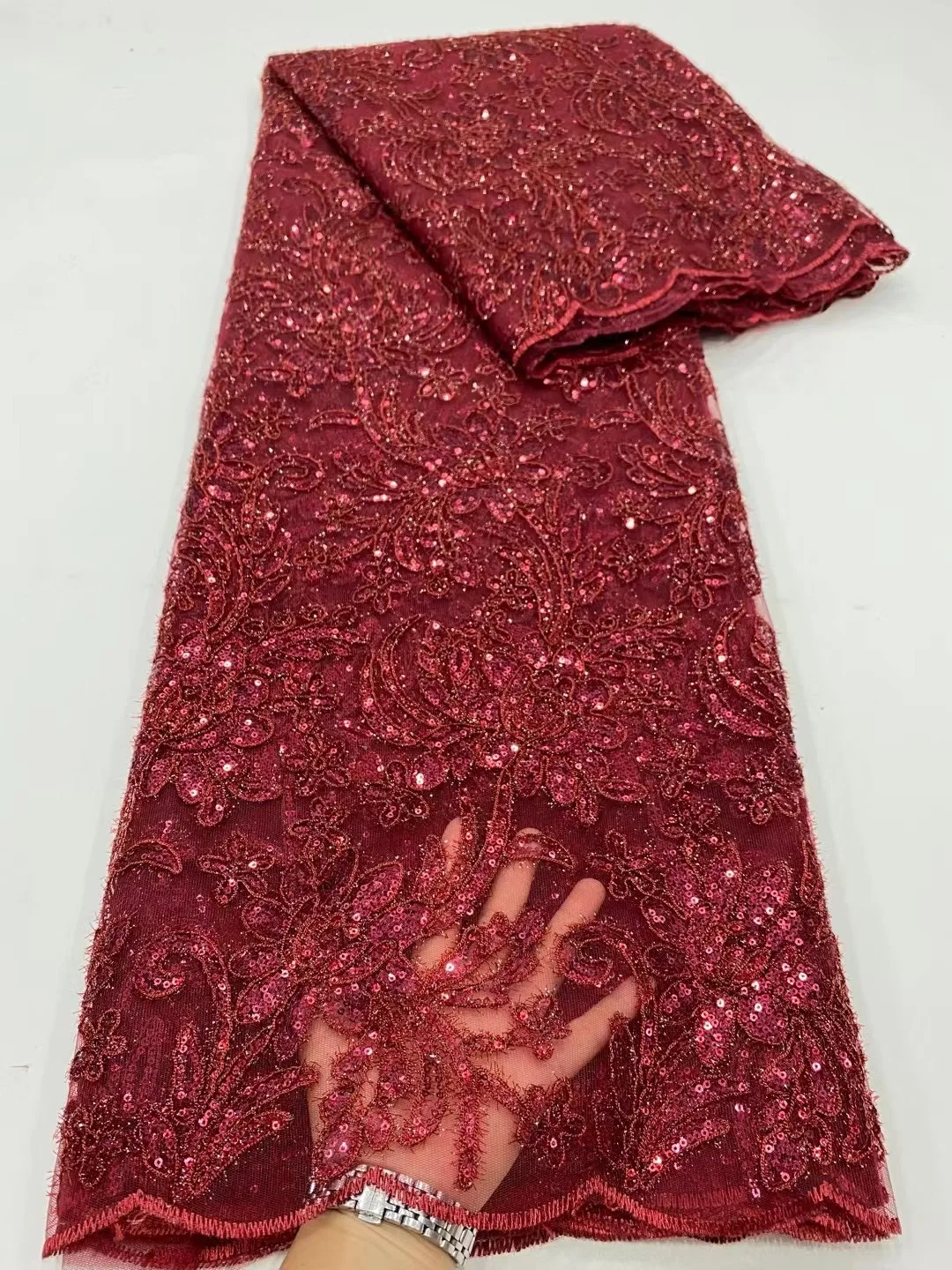 Red African Sequins Lace Fabric 2021 French Tulle Lace Fabric Embroidery Nigerian Mesh Fabric For Party Wedding Dress KDP21238
Red African Sequins Lace Fabric 2021 French Tulle Lace Fabric Embroidery Nigerian Mesh Fabric For Party Wedding Dress KDP21238