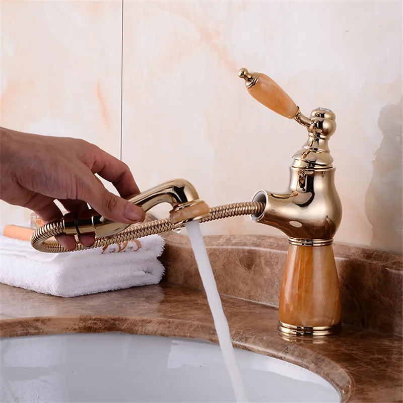 Bathroom Basin Faucets Brass & Jade Hot and Cold Sink Mixer Crane Tap Pull Out Spray Nozzle Deck Mounted Single Handle Gold
Bathroom Basin Faucets Brass & Jade Hot and Cold Sink Mixer Crane Tap Pull Out Spray Nozzle Deck Mounted Single Handle Gold