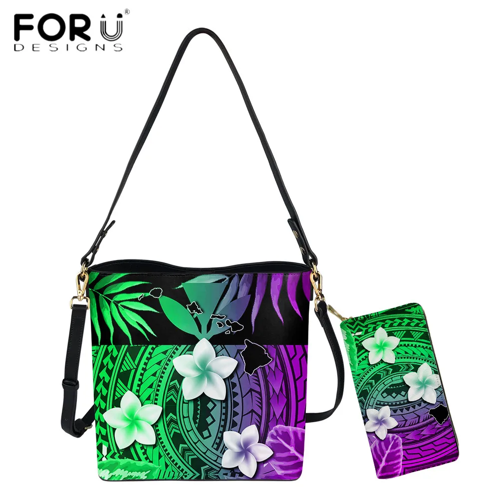 

FORUDESIGNS Large Capacity Designer Women Shoulder Bag And Purse 2pcs Set Hawaii Polynesian Tribal Plumeria Print Messenger Sac